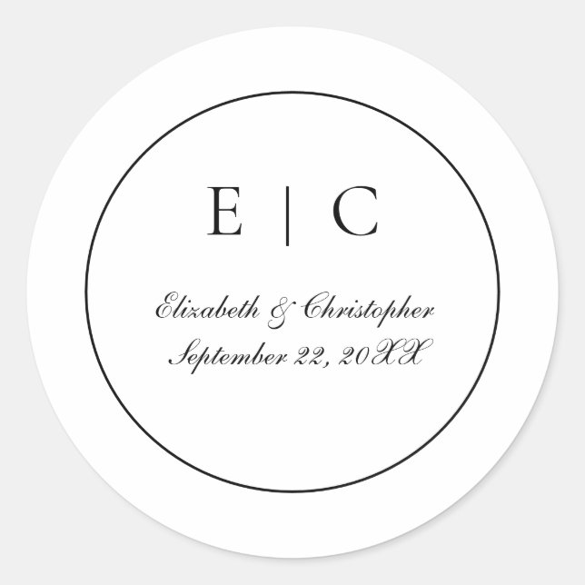 Sticker Rond Noir Blanc Monogramme Script Mariage traditionnel (Devant)
