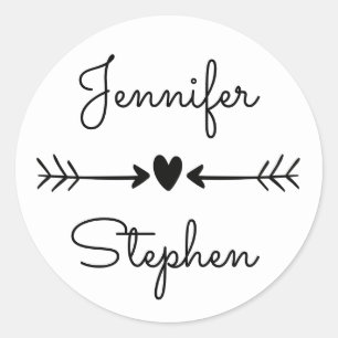 Sticker Rond Noir & Blanc Personnalisé Mariage Coeurs & Flèches