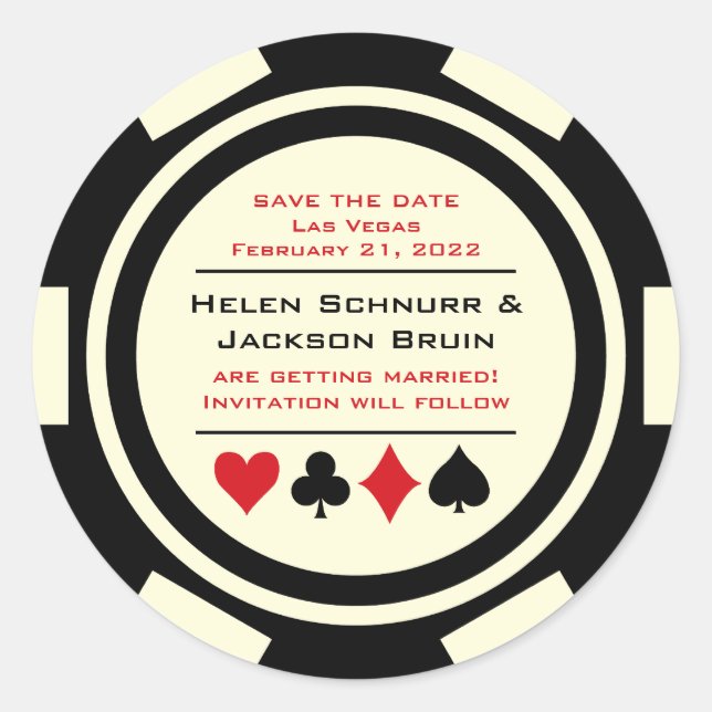 Sticker Rond Noir Blanc Poker Chip Mariage Enregistrer La Date (Devant)