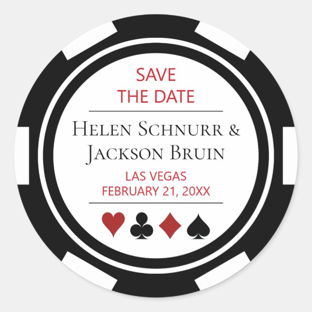 Sticker Rond Noir Blanc Poker Chip Mariage Enregistrer La Date (Devant)