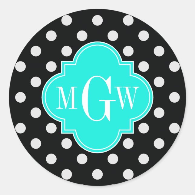 Sticker Rond Noir Blanc Polka Points Aqua Quatrefoil 3 Monogram (Devant)