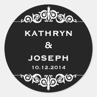 Sticker Rond Noir blanc romantique élégant scroll mariage faveu