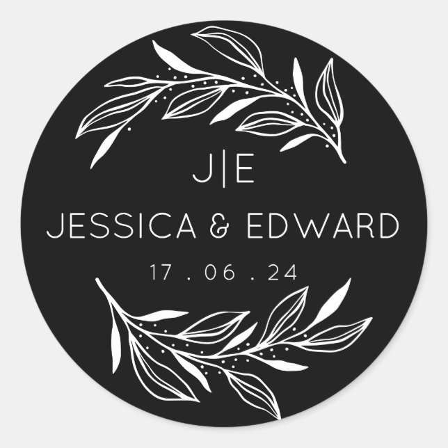 Sticker Rond Noir Blanc Rustique Chic Couple Initiales Élégant (Devant)