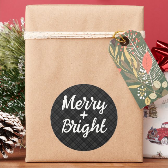 Sticker Rond Noir blanc tartan Noël Joyeux brillant (vacances)