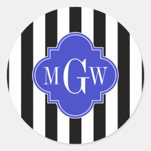 Sticker Rond Noir Blancs Cobalt Bleu Quatrefoil 3 Monogramme