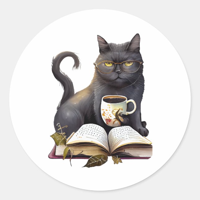 Sticker Rond noir Cat boire café et livre de lecture (Devant)