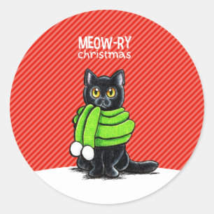 Sticker Rond Noir Chat Écarf Meow-ry Noël