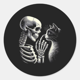 Sticker Rond Noir Chat Nez Squelette Main Drôle Halloween Chat