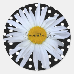 Sticker Rond Noir Chic Blanc Pois Daisy Personnalisé