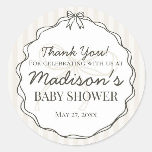 Sticker Rond Noir Coquette Bow Beige Baby shower rayé Favoriser