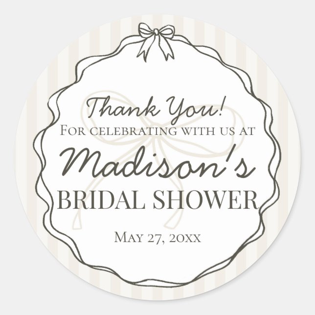 Sticker Rond Noir Coquette Nœud Beige Faveur de Mariage (Devant)