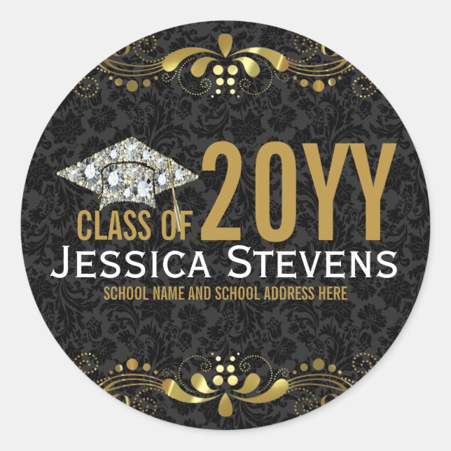 Sticker Rond Noir Damas Faux Or dentelle et diamants Grad Casqu (Devant)