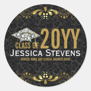 Sticker Rond Noir Damas Faux Or dentelle et diamants Grad Casqu