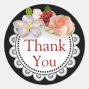 Sticker Rond Noir d'autocollants de Merci et bouquet floral de
