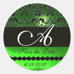 Sticker Rond NOIR EMERALD VERT DAMASK MONOGRAM, Enregistrer la