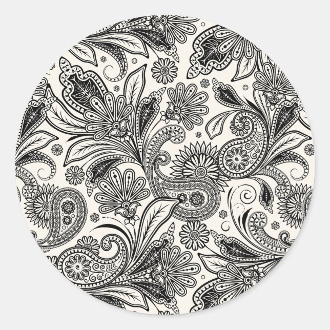 Sticker Rond Noir et blanc à motifs cachemire (Devant)