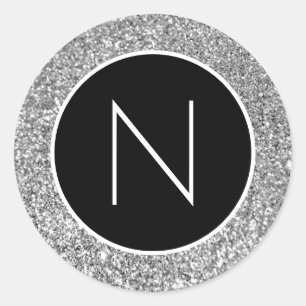 Sticker Rond Noir et Blanc Argent Paillettes Monogrammé
