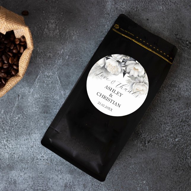 Sticker Rond Noir et blanc boho mariage faveur merci (Black and white boho wedding favor thank you sticker bride and groom names favor stickers)