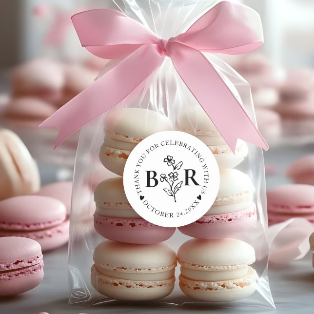 Sticker Rond noir et blanc  Botanique Personnalisé  Monogramme (Créateur téléchargé)