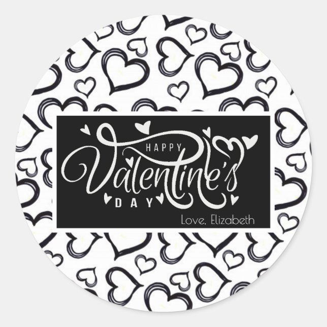 Sticker Rond Noir et blanc Coeurs simples Valentine Cadeau (Devant)