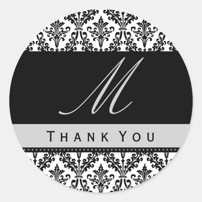 Sticker Rond Noir et blanc Damas Monogramme Mariage MERCI St (Devant)