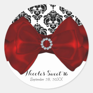 Sticker Rond Noir et blanc Damas Rouge Bow Glam Sweet 16 Party