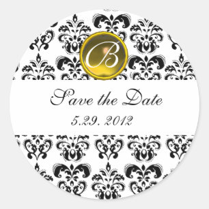 Sticker Rond NOIR ET BLANC DAMASK MONOGRAM topaz jaune