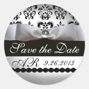 Sticker Rond NOIR ET BLANC DAMASK RIBBON MONOGRAM Gemstone
