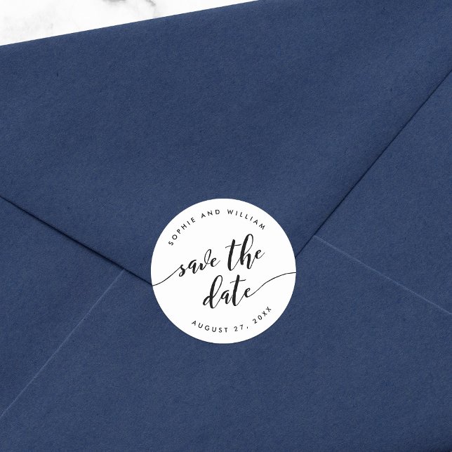 Sticker Rond Noir et Blanc Économisez la Date Script Relax (Créateur téléchargé)