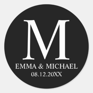 Sticker Rond Noir et blanc Elégant Monogramme Mariage Faveur