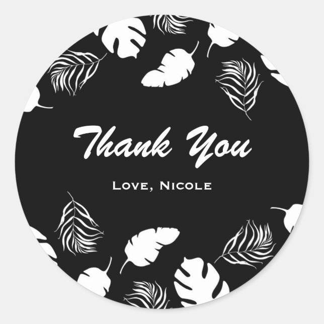 Sticker Rond Noir et blanc Feuilles tropicales Élégant Chic Fêt (Devant)