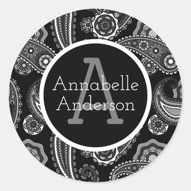 Sticker Rond Noir et blanc Paisley Personnaliser (Devant)