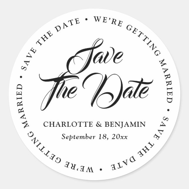 Sticker Rond Noir et Blanc Typographie Mariage Enregistrer la d (Devant)