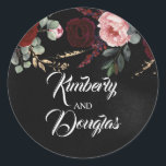 Sticker Rond Noir et Bourgogne Rouge Mariage moderne<br><div class="desc">Autocollants de mariage floral noir,  rouge et or</div>