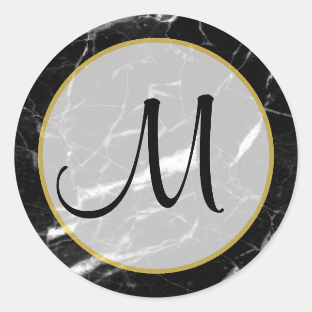Sticker Rond Noir et Marbre blanc Or Monogramme (Devant)