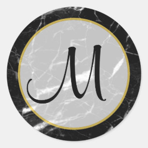 Sticker Rond Noir et Marbre blanc Or Monogramme