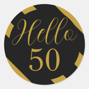 Sticker Rond Noir et Or Bonjour 50 Rayure Diagonale
