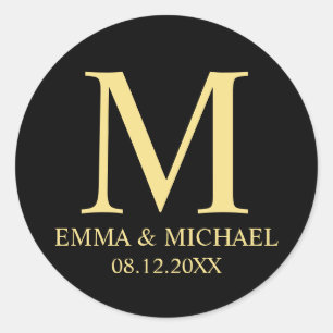 Sticker Rond Noir et or Elegant Monogramme mariage Faveur