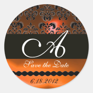 STICKER ROND NOIR ET ORANGE AGATE DAMASK MONOGRAM,