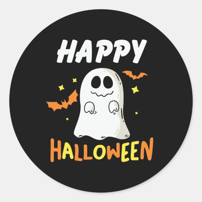Sticker Rond Noir et orange avec Ghost Happy Halloween (Devant)