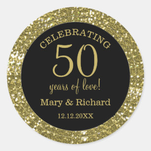 Sticker Rond Noir et Parties scintillant Or 50e anniversaire Ma