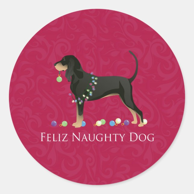 Sticker Rond Noir et Tan Coonhound Noël (Devant)