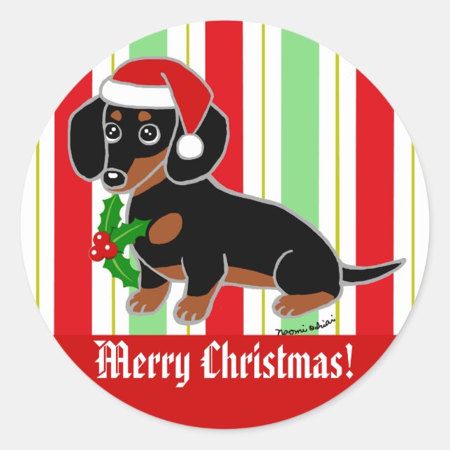Sticker Rond Noir et Tan Dachshund mignonnes yeux Père Noël (Devant)