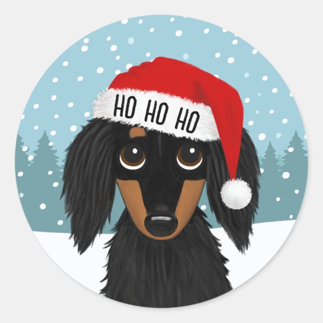 Sticker Rond Noir et Tan Dachshund Père Noël (Devant)