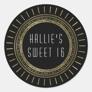 Sticker Rond Noir & Faux Or Art Déco Sweet sixteen