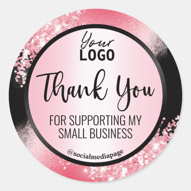Sticker Rond Noir glamour avec Merci de Parties scintillant ros (Devant)
