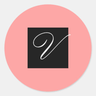 Sticker Rond Noir initial de V et rose - personnaliser -