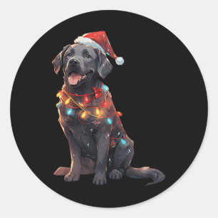 Sticker Rond Noir Labrador Retriever Santa Hat Christmas Light