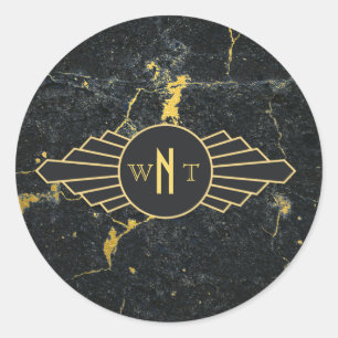 Sticker Rond Noir Marbre trois lettres Monogramme Art Déco