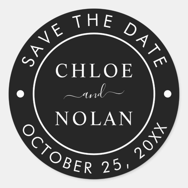 Sticker Rond Noir Mariage Enregistrer la date Script moderne (Devant)
